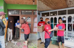 Plt. Ketua PSI KBB Lysa Veronica bersama kader PSI, saat sedang membagikan Ricebox kepada warga di Cimareme Kecamatan Ngamprah. (Foto : Dok : PSI)