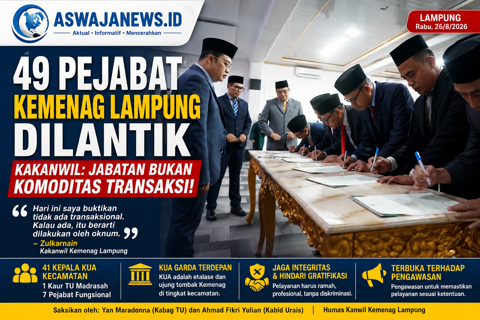 49 Pejabat Kemenag Lampung Dilantik, Kakanwil Tegaskan Jabatan Bukan Komoditas Transaksi